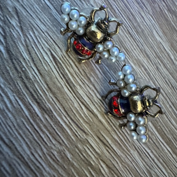 Gold and Red Bee Pearl Earrings - Picture 1 of 3